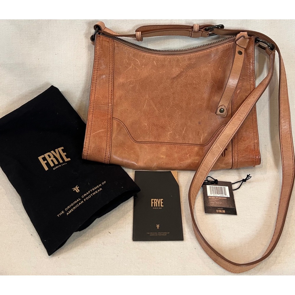 Frye Melissa Zip Crossbody Bag Cognac Distressed Leather 34DB770 Womens